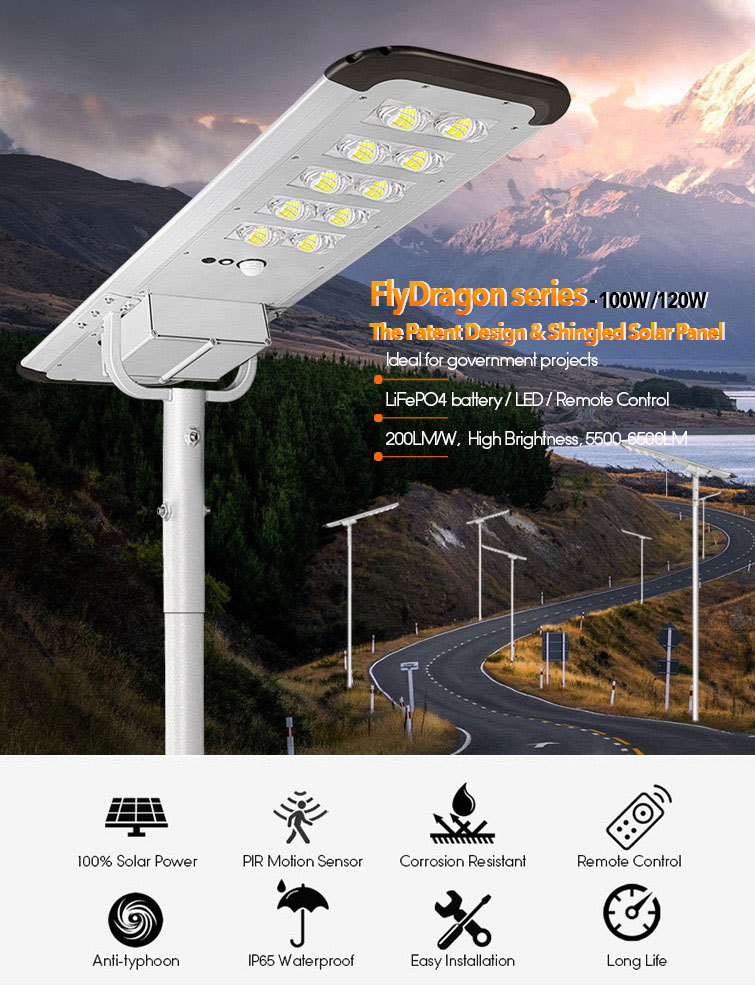 100w solar powered street light with remote control and PIR motion sensor